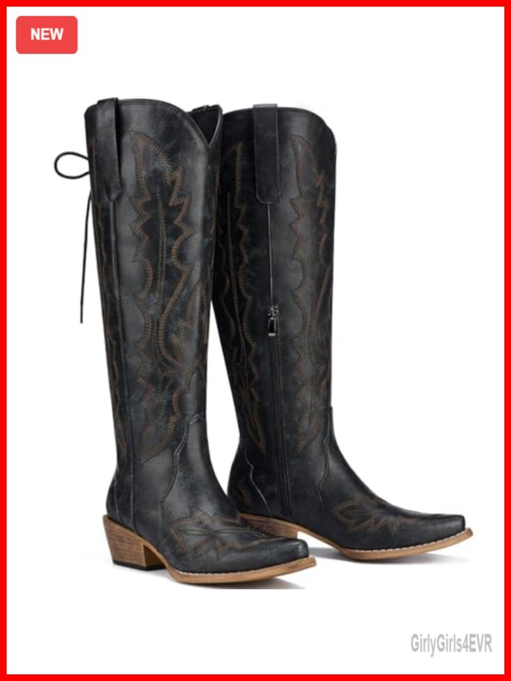 Wide Calf Lace Up Knee High Cowgirl Boots Snip Toe Cuban Heel